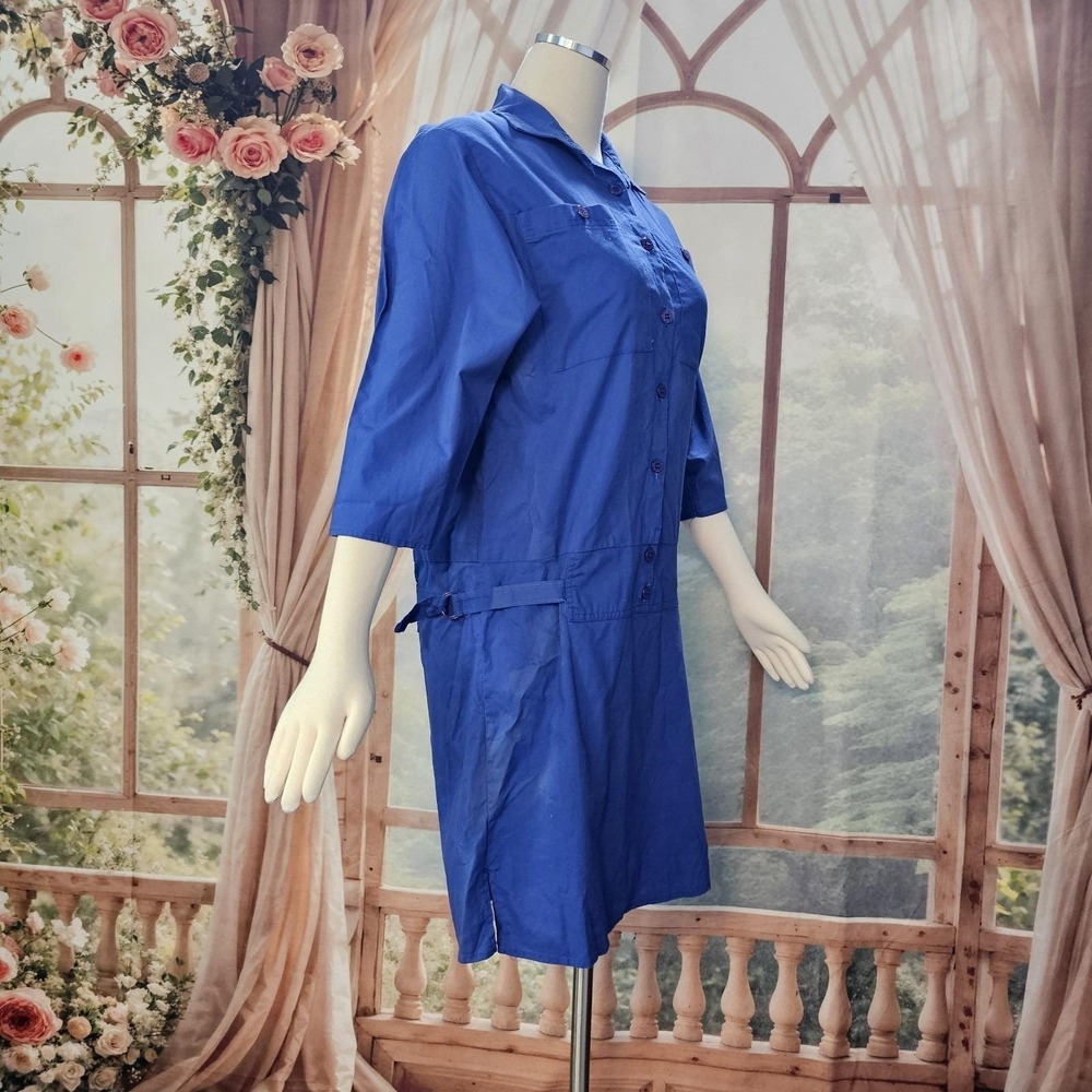 Vintage 1980s Dress Royal Blue Drop Waist Long Sleeve Button Down Collared - Picture 13 of 16